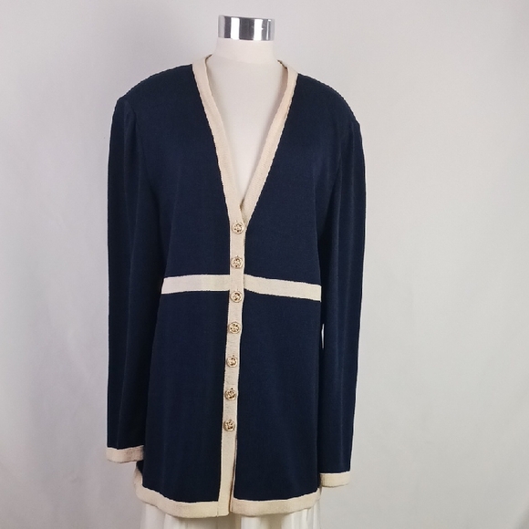 St. John Vtg. Navy W Cr. Trim Long Cardigan.